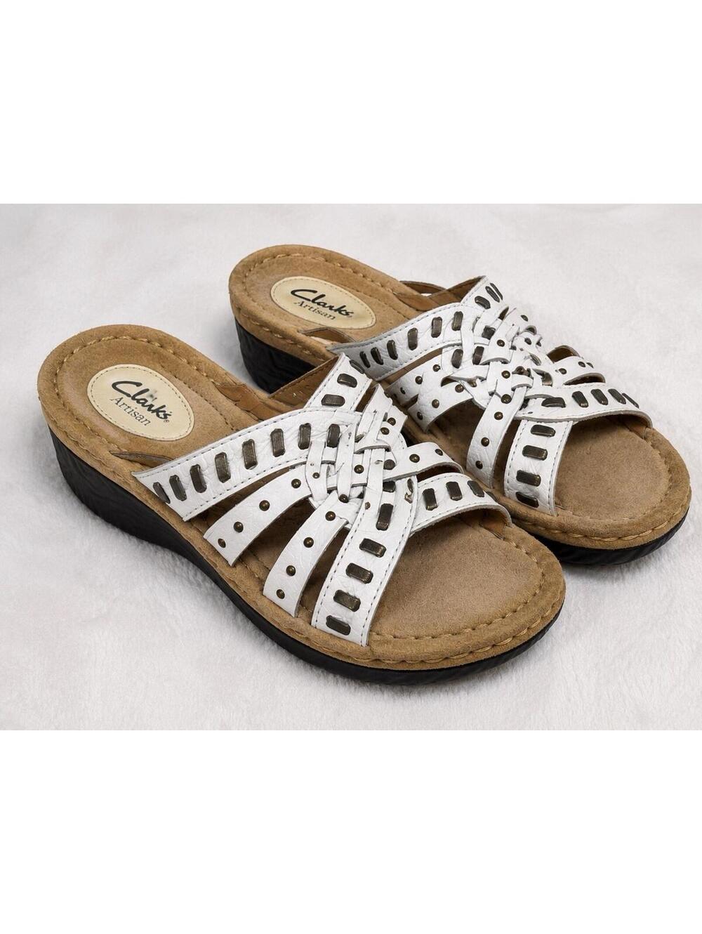 Clarks Artisan White Leather Studded Comfort Slide Sandals Womens 7M